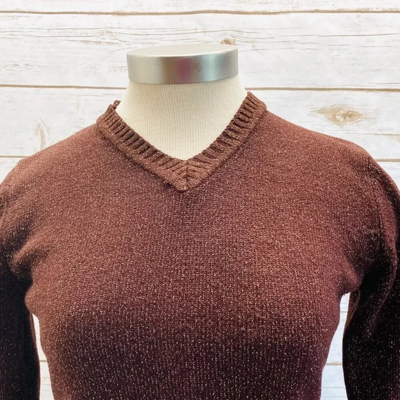 Women Long Sleeve Pull Over V-Neck Gold & Maroon Casual Sweater Size Small - Picture 2 of 10